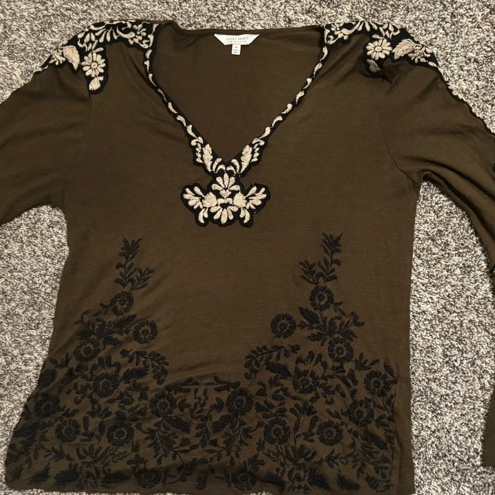 Lucky Brand Top Brown Top with Black Embroidered Long Sleeves, Size M, EUC